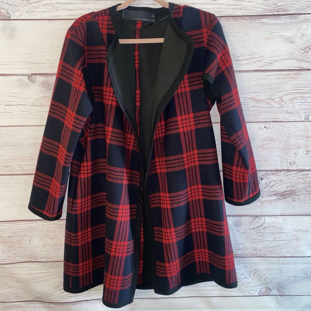 Zara Woman Womens M Red Black Tartan Plaid Wool Blend Long Open Front Coat